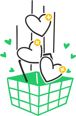 Ilustração de corações sendo adicionados a uma cesta, representando a função de adicionar itens à lista de desejos.