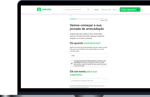 Imagem de um computador mostrando a criação de vaquinhas