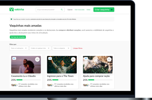 Imagem de um computador mostrando a página de vaquinhas mais amadas