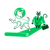 Imagem de um cachorro e um gato desfilando em uma passarela