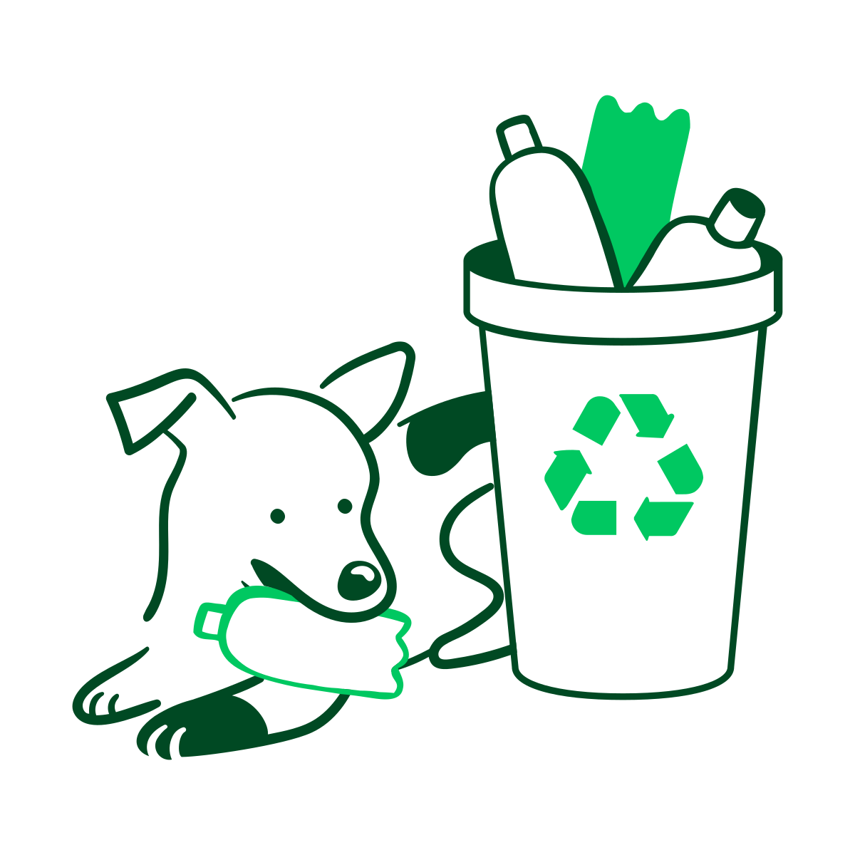 Cachorro ao lado de um balde de uma lata de lixo