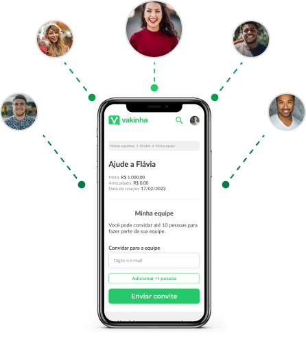 Imagem de um celular mostrando a criação de uma equipe para a vaquinha