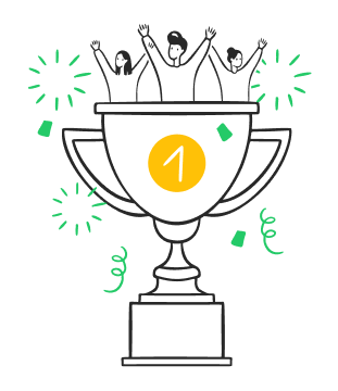 Ilustração de uma equipe comemorando dentro de um troféu de primeiro lugar, com confetes e efeitos de celebração ao redor.