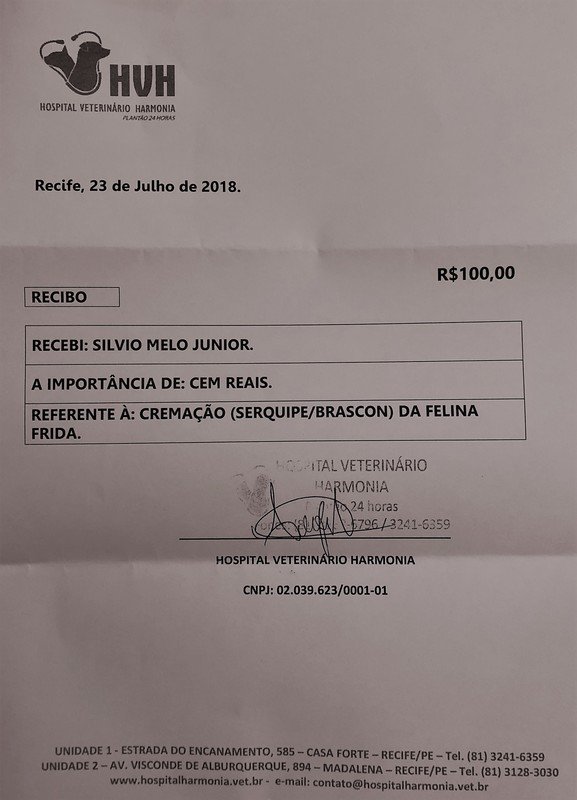 Comprovante de pagamento da taxa de cremação