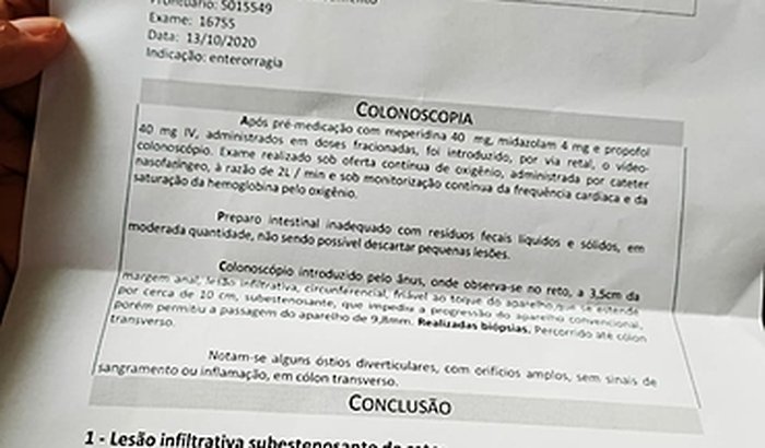 Cancer cólon 10cm a 3,5cm do ânus com 10mm pra evacuar