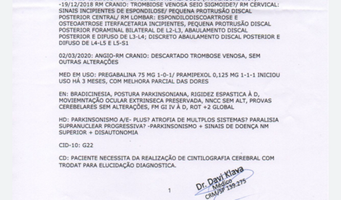 Cintilografia cerebral ... Exame de alto custo para doença de parkinson