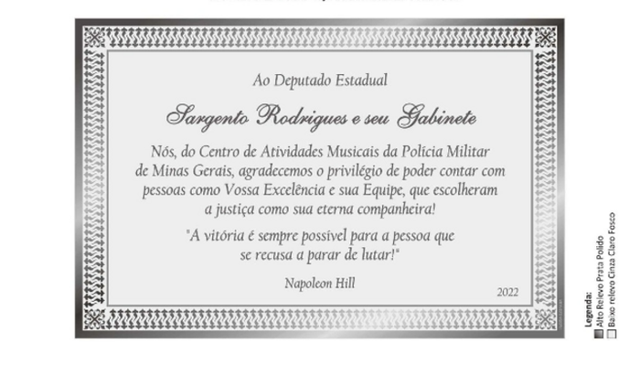 Placa de Agradecimento pela Visita do Deputado Sargento Rodrigues ao Centro de Atividades Musicais da PMMG