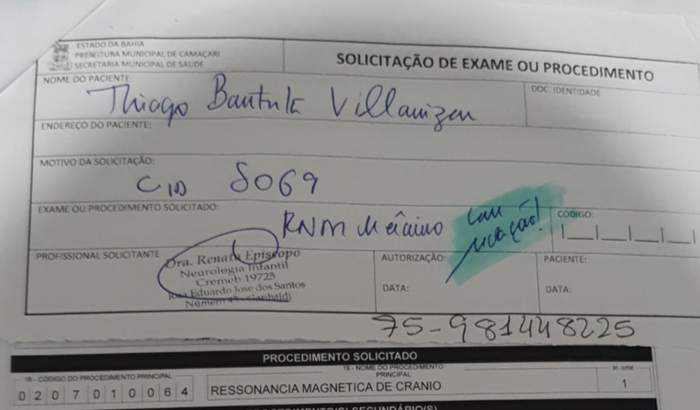 Resonancia de crânio para Thiago 