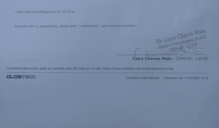 Exame (eletroencefalograma de vídeo 10 horas)