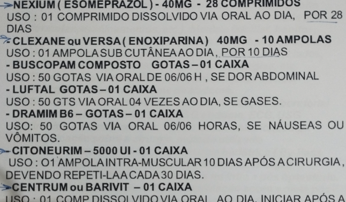 Medicamento pré e pós cirúrgia