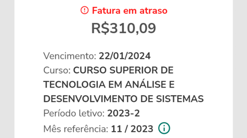 "Valinha para quitar mensalidade da faculdade de Ads Análise e Desenvolvimento de sistemas 