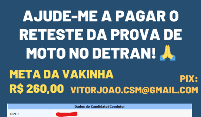 Ajude-me a pagar o reteste da prova de moto no Detran! 🙏