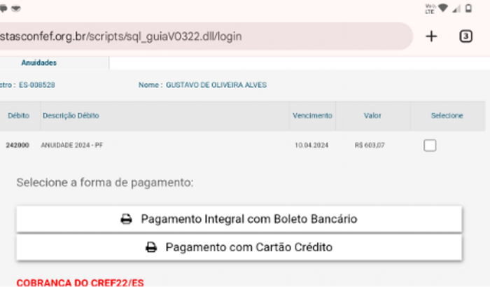 Registro Profissional (CREF) Gustavo