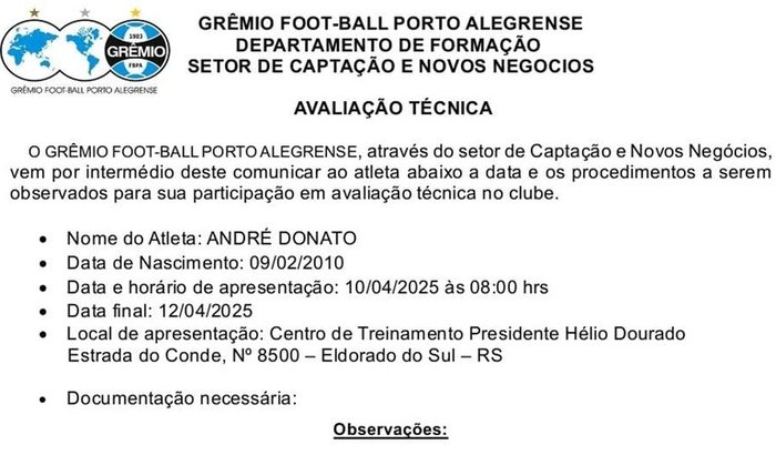 Deslocamento/Hospedagem - Teste no Grêmio de Porto Alegre.