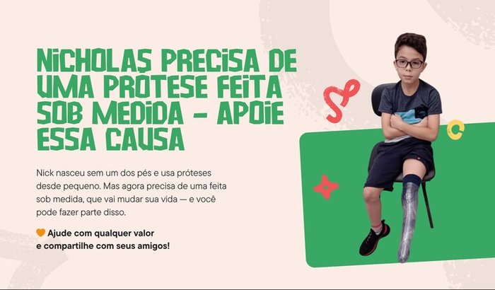 Ajude o Nicholas a comprar sua prótese sob medida