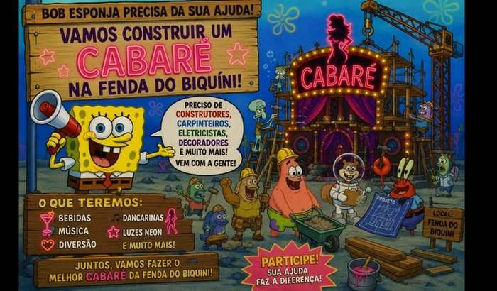 Ajudo o bob esponja e seus amigos a contruir um cabare na fenda do biquini