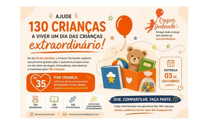 Ajude 130 crianças a viver um Dia das Crianças extraordinário 💛