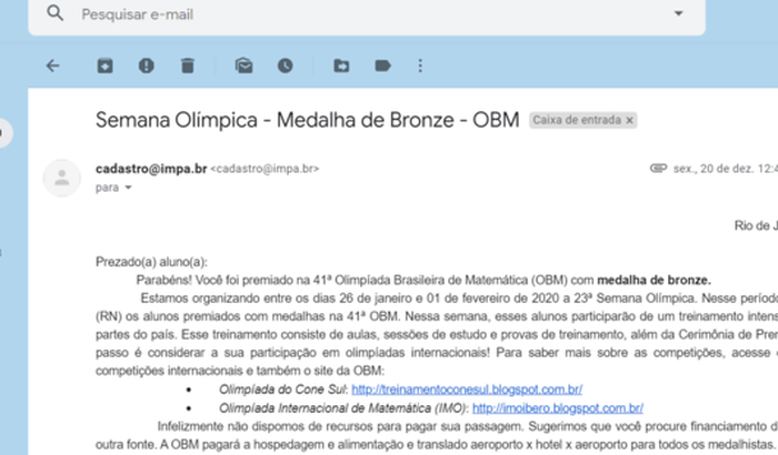 Ajude o Cauã a participar da Semana Olímpica #41°OBM #OBM2019